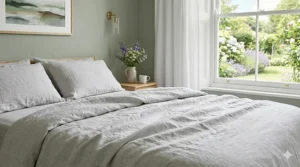 A detailed close-up photograph capturing the textured, rumpled surface of light grey French linen bed sheets and a pillow, illuminated by natural daylight in a sage green room.