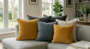 A contemporary colour-blocking arrangement of ochre yellow and charcoal grey decorative cushions for a sofa.
