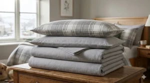 Grey brushed cotton duvet cover and pillowcases providing soft, warm bedding for winter nights.