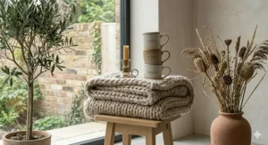 Alt text for image 6: A thick chunky knit throw blanket styled with a stack of "Brew", "Stew", and "Warm" ceramic mugs on a wooden stool near an olive tree.