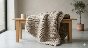 Alt text for image 2: A cream chunky knit throw blanket draped elegantly over a light oak wooden bench in a minimalist interior with natural lighting.