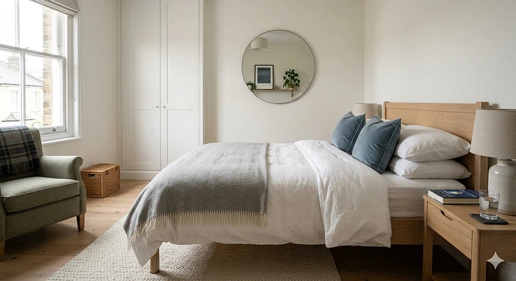 A bright, modern UK bedroom featuring a king-size bed with a grey duvet set, stacked pillows, and bedside lamps, representing a complete bedroom essentials checklist. bedroom essentials checklist