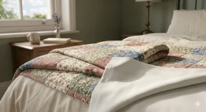 A modern bedspread with a grey geometric pattern, ideal for a minimalist UK townhouse interior.