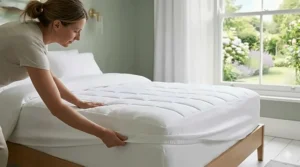 A detailed close-up photograph of hands stretching and fitting the quilted, elasticated corner of a pure white cooling cotton mattress protector onto a mattress.
