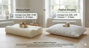 A chart comparing the initial purchase price and average lifespan in years for foam and feather bedding.