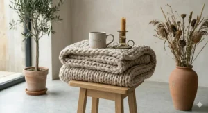 Alt text for image 5: A chunky knit throw blanket on a wooden stool, topped with a rustic ceramic mug and a beeswax candle, evoking a cosy British afternoon.