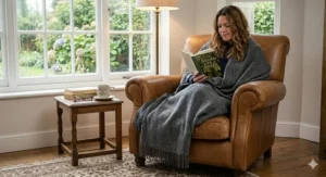 A woman wrapped in a cosy grey merino wool throw blanket reading a book in a tan leather armchair by a window.