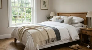 A cream merino wool throw blanket layered over white linen on a wooden king-size bed in a traditional British bedroom.
