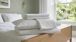 A detailed close-up of a stack of four crisp, cool white cotton percale pillowcases, showing the matte fabric texture, set on a light wooden bed frame.