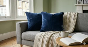 Cosy home interior featuring navy blue velvet cushions on a sofa paired with a cream knitted wool throw.