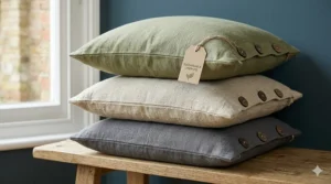 Sustainable washed linen pillows with wooden button details, highlighting budget-friendly eco-conscious decor.