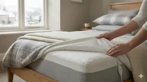 An electric underblanket fitted onto a mattress beneath warm bedding for winter.