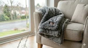 A grey faux fur throw casually draped over the arm of a beige fabric armchair next to a garden window.