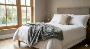 Premium grey faux fur throw layered over white cotton bedding on a double bed in a bright, modern bedroom.