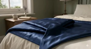 A traditional floral patchwork bedspread draped over a wooden bed frame in a rustic country cottage.