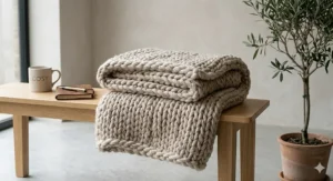 Alt text for image 3: A neatly folded chunky knit throw blanket showing the thick wool loops, styled on a wooden bench next to a leather journal and ceramic mug.