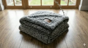 A stack of two heavy-weight faux fur throws placed on a floor, showing the density and quality of the soft furnishings.