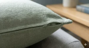 A cream linen cushion cover featuring a delicate frilled edge, adding a vintage touch to home decor.