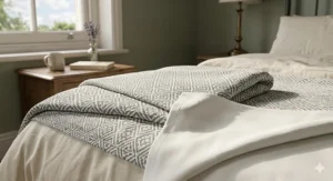 A heavy, velvet-touch bedspread layered over a duvet for extra warmth during British winter months.