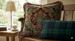 Luxury throw pillows in a traditional British heritage print, such as houndstooth or floral jacquard.