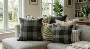 Grey wool tartan decorative cushions for a sofa providing a cosy heritage look in a UK home.