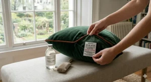 An illustration showing care instructions for dry cleaning or hand-washing luxury velvet cushion covers with a fabric care bottle and brush.
