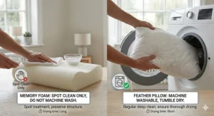 Iconography showing a feather pillow in a UK standard washing machine versus a memory foam pillow being spot-cleaned only.