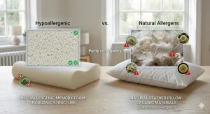 An infographic highlighting memory foam as a hypoallergenic choice for UK allergy sufferers compared to natural down.