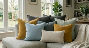 Close-up of high-quality decorative cushions for a sofa featuring the interior design 'karate chop' effect.