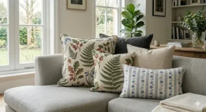 An arrangement of large square decorative cushions and long rectangular lumbar cushions for a sofa.