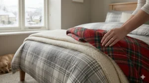 A bed styled with layers of quilts and blankets to demonstrate how to create warm bedding for winter.