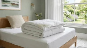 Close-up of a neatly folded lightweight white cotton 4.5 tog summer duvet on a wooden bed frame, featuring a clear product tag.