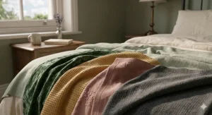 A lightweight linen bedspread in pale sage green, perfect for keeping cool in UK summer weather.