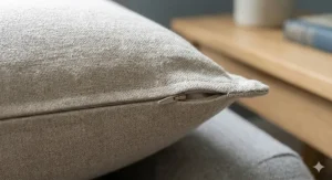 Decorative square linen cushion covers used as pillow shams on a king-size bed with white cotton bedding.