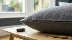 Detail of a high-quality hidden zip on a 100% linen pillow cover retailing for less than £20.