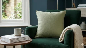 A single sage green linen pillow placed on a velvet armchair in a cosy British reading nook.