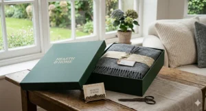 A luxury forest green gift box containing a folded grey merino wool throw blanket with a sprig of lavender.