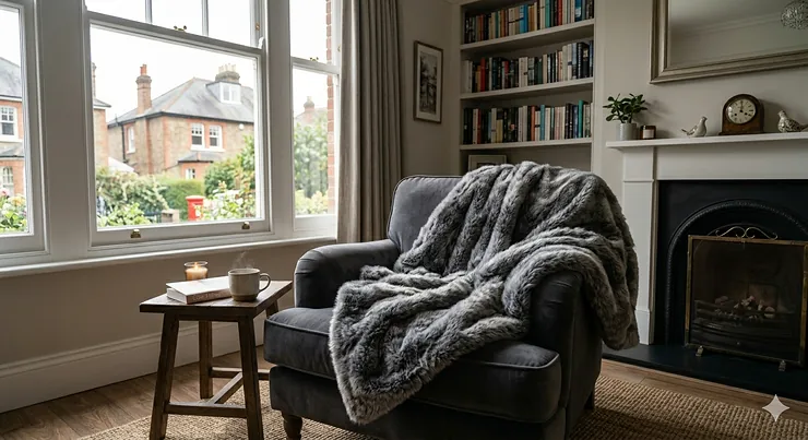 Luxury grey faux fur throw draped over a charcoal grey velvet armchair in a cosy British living room with a fireplace. faux fur throw