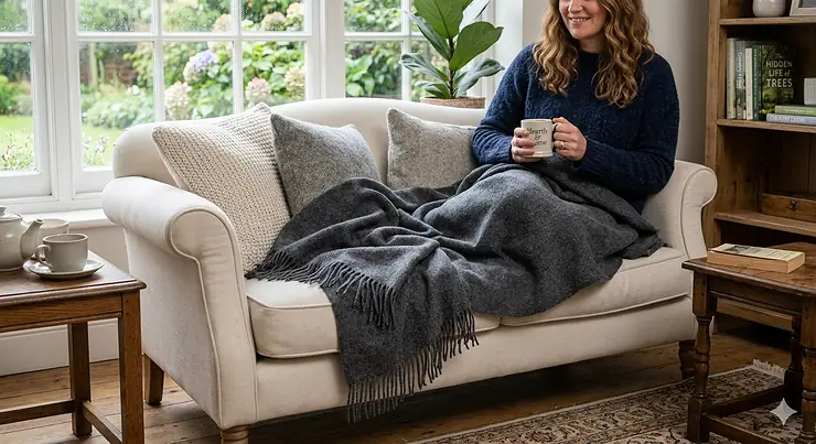 A charcoal grey merino wool throw blanket with a herringbone weave draped over a person on a cream sofa in a bright British living room. merino wool throw blanket