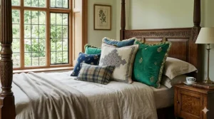 Large duck-feather filled luxury throw pillows layered on a king-size bed with linen duvet covers.