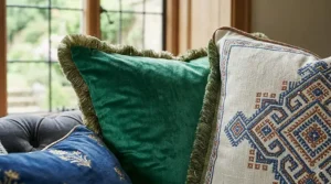 Close-up of luxury throw pillows showing the texture of mulberry silk and crushed velvet fabrics.