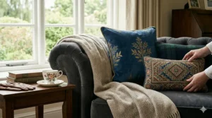 A cosy reading nook featuring high-quality luxury throw pillows and a cashmere wool throw.
