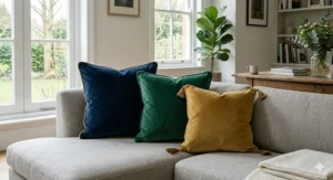 Navy blue and emerald green luxury velvet cushions arranged on a grey fabric sofa.