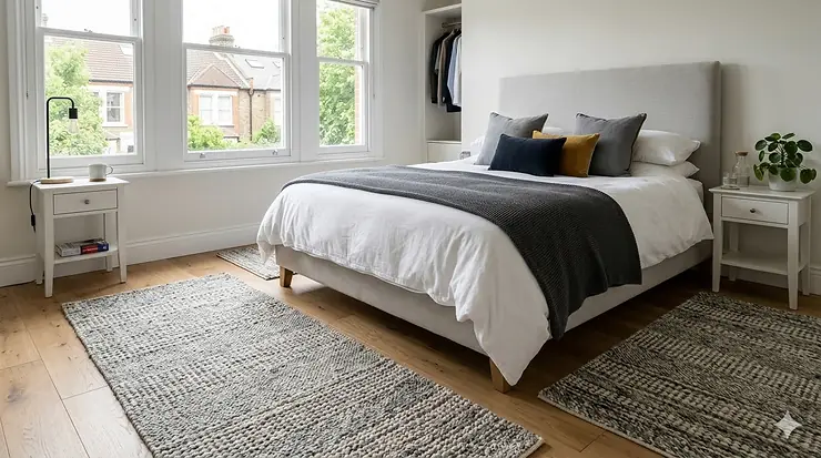 A pair of plush cream wool bedside rugs placed on a light oak floor in a modern British master bedroom. bedside rugs