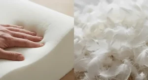 Close-up detail showing the dense, slow-rebound structure of memory foam next to soft, airy natural feathers.