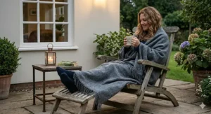 A woman wrapped in a grey merino wool throw blanket sitting on a wooden lounger on a garden patio during a cool UK evening.