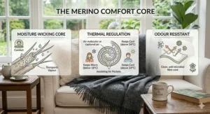 A technical diagram explaining the moisture-wicking and thermal regulation benefits of a merino wool throw blanket.