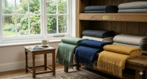 A collection of merino wool throw blankets in sage green, navy blue, and mustard yellow folded on a wooden dresser.