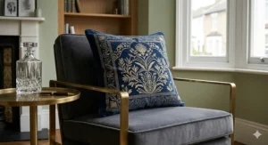A navy blue velvet cushion featuring intricate gold embroidery on a stylish armchair with brass accents.