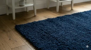Deep navy blue bedside rugs providing a rich colour contrast against a neutral carpeted floor.
